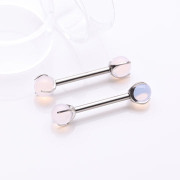 Detail View 1 of A Pair of Implant Grade Titanium Pink Opalite Stone Ball Claw Prong Internally Threaded Nipple Barbell